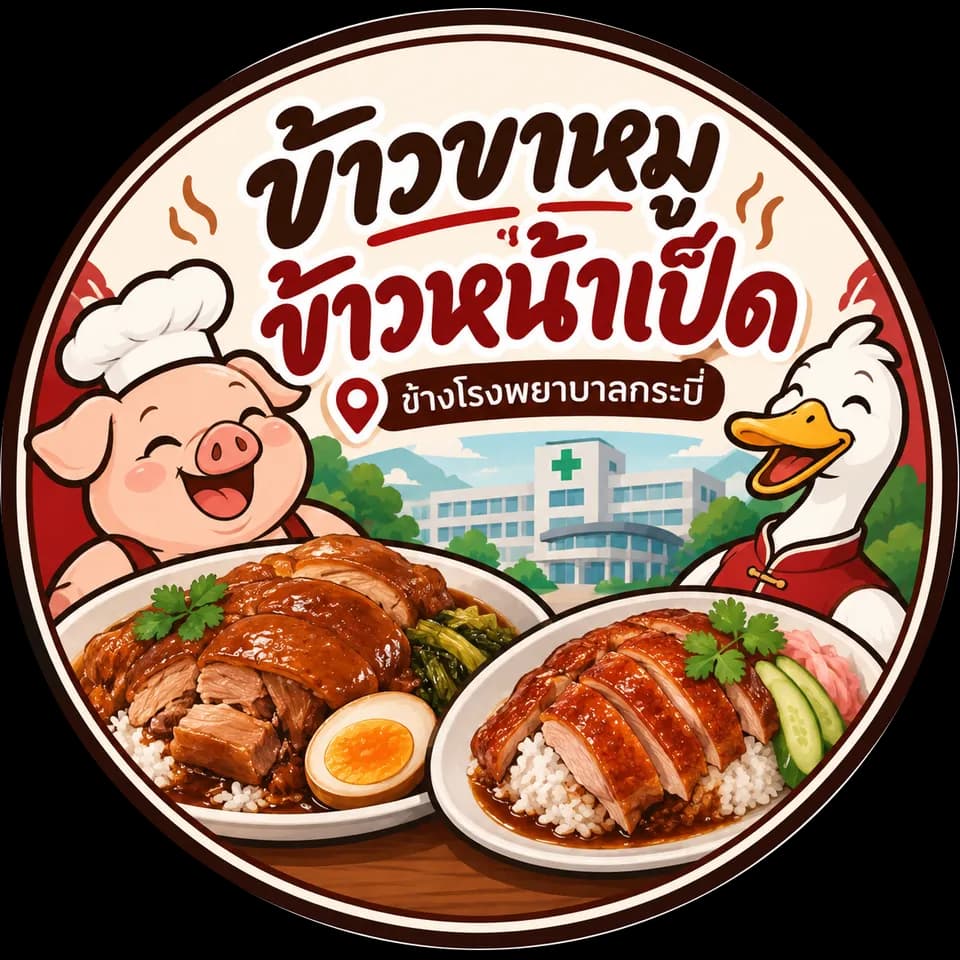 โลโก้ร้านข้าวขาหมู ข้าวหน้าเป็ด ข้างโรงพยาบาลกระบี่ รูปหมูใส่หมวกเชฟกับเป็ดยิ้ม หน้าจานข้าวขาหมูและข้าวหน้าเป็ด